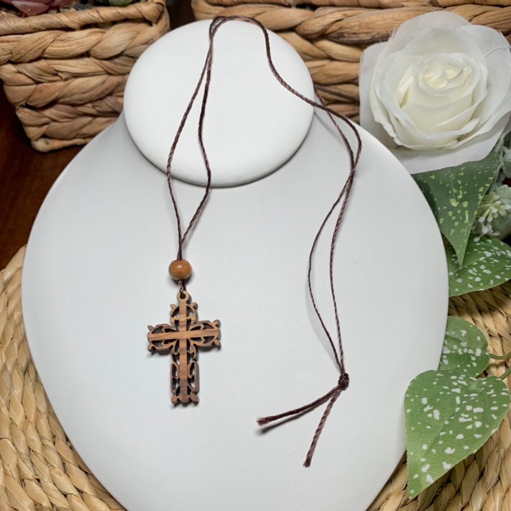 Hand carved Olive Wood cross pendant necklace - Picture 2 of 9